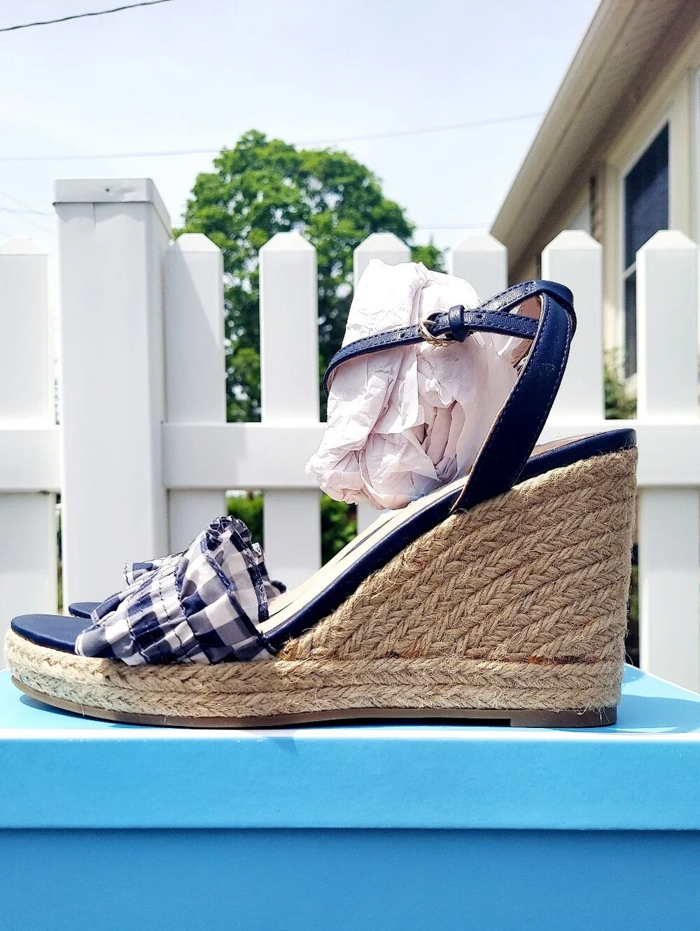 Draper James Navy Gingham Espadrille Wedge Sandals Women Size 9 NWT Feminine